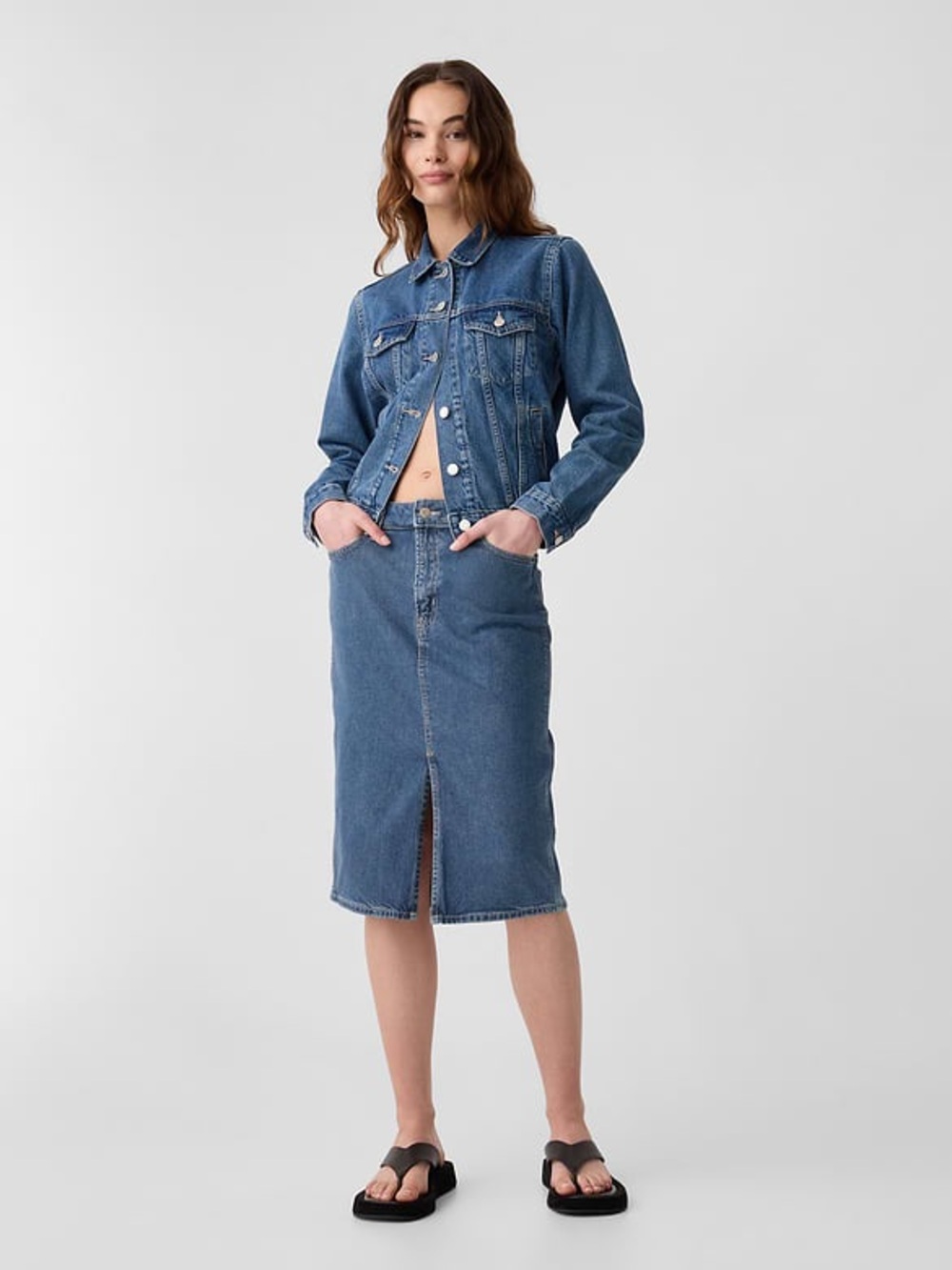 GAP Denim Medium Indigo Blue Front Slit Midi Jean Skirt Size 4 - Picture 2 of 10